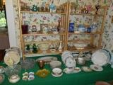 Dining Room:  Mercury glass, green glass, pink and blue!  Also, miscellaneous vintage plates.