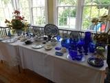 Hearth Room:  A display of blue/white porcelain and cobalt blue items.