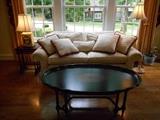 Living Room:  Another view of the lamp, sofa, and oval black/gold painted CENTURY chinoiserie coffee table that retailed  for over $3,500!