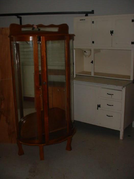 Vintage oak curio cabinet, and antique Hoosier cabinet