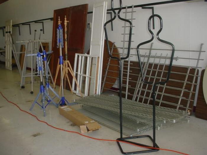 MANY store fixtures, display units, glass cases, mannequins, clothing racks, hat stands, and others.