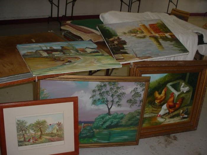 a VERY small sample of the artwork...vintage oils, watercolors, prints, ..at least 100 different, plus posters and prints,..and boxes of artist framing supplies