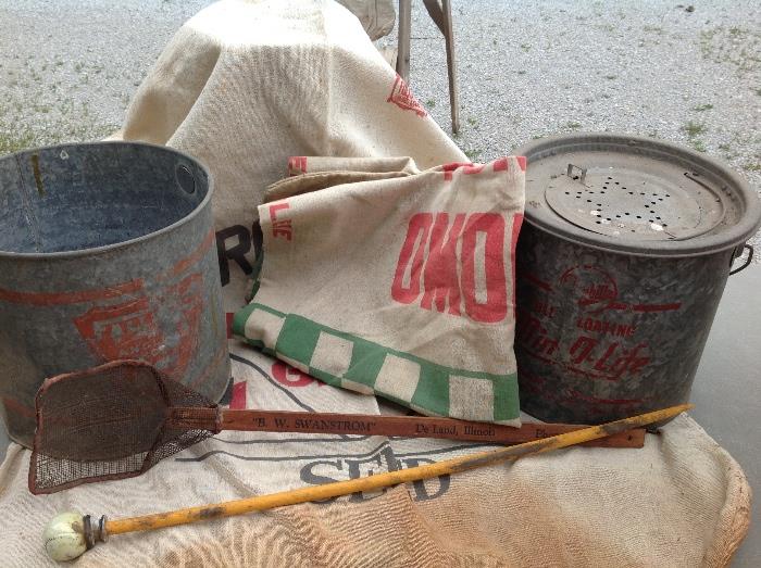 Feed sacks, galvanized minnow buckets, advertising fly swatter