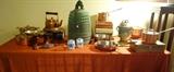 COPPER COOKWARE AND JAPANESE BRONZE TEMPLE BELL.
