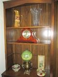 Pickard tanker, crystal vase, hurricane lamp and mantel clock