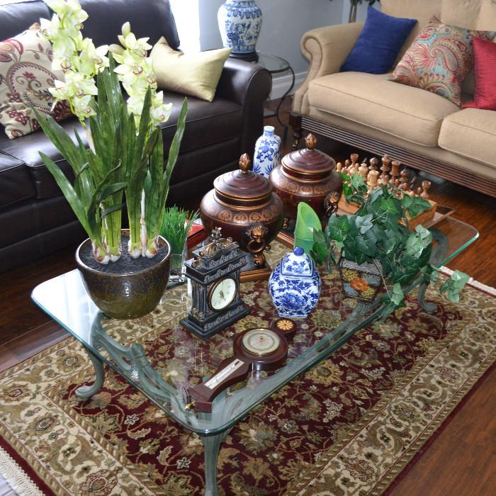 Decor pieces, area rugs, glass and steel cocktail and end table (sorry, Leather sofa removed from sale inventory)
