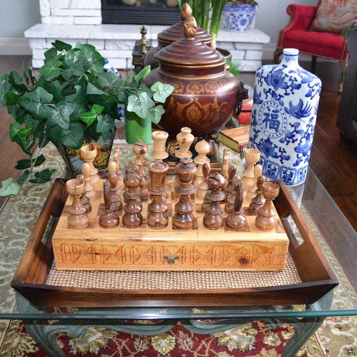 Hand carved chess set, Olive wood with case