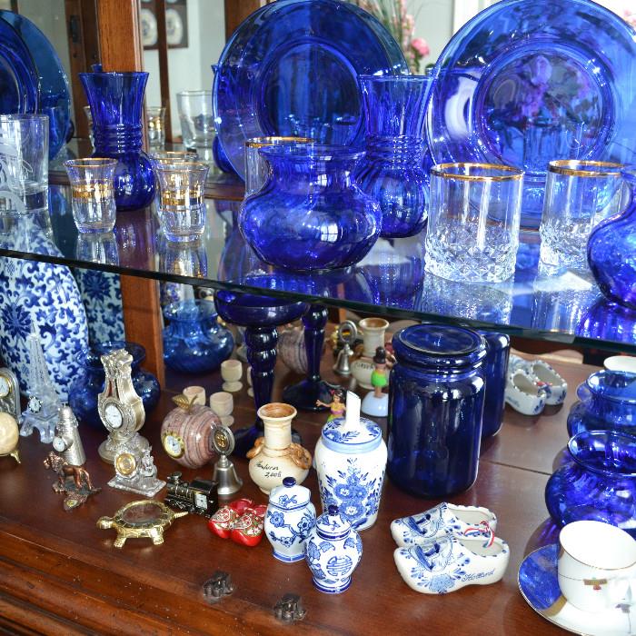 Blue glass, Blue and white Porcelain collectibles, clocks