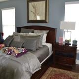 Gorgeous Queen Bed, Dark Walnut Headboard and Footboard, Matching Dressers and Nightstands, Contemporary Lamps