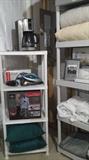 Garment Steamers, Irons and Ironing Board, Like New Pillows, Linens, Sheets, Comforters, lots of practical items in great condition, Coffee Pots, Microwaves, Unopened Nutribullet
