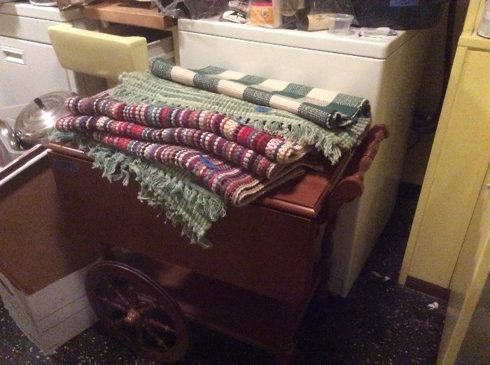 Rag rugs, vintage bar cart