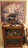 Small Lawyers Bookcase with Brass Inlay Leaded Glass, Oriental Fans