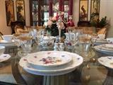 Meissen Floral large China set, 24k gold band crystal stemware, sterling silver candelabras, etc.
