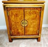 Beautiful pair of Campaign style burl wood end table cabinets.  One of a pair - matching console available also 