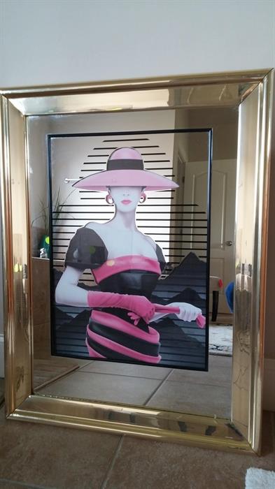 Vintage 1990's dimential cut out, mirrored wall art of "Schiek" 1940's-50's well dressed lady.  