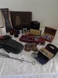 Assorted Antique Smalls,Marbles,Needle Packs,Drawer Pulls,Leather Gloves,Toy Car,Ink Wells,Photograph Album,Shotgun Cleaning Kit
