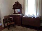 Plate Rack, Antique Mable Top Sideboard with Mirror,Antique Drop Leaf Table,Antique Rush Bottom Rocking Chair,Vintage China Service,Linens