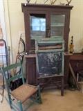 Antique Step Back Cabinet,Antique Green Painted Rocker,Child's Antique Chalkboard,Antique Sled,Deer Horns,Etc...