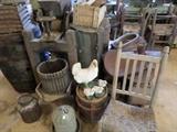 Assorted Antiques, Rocker,Barrel's,Cider Press,Saddles,Chalkware,Egg Crate,Milk Cans