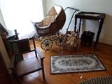 Antique's: Baby Buggy, Child's Chair,Tin Top Writing desk(Early)Hooked rug