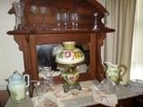 Antique Gone with the wind Lamp,Porcelain Pitchers,Glassware,Linens