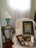 Antique Gilded marble top table,Religious Last Rites Box with Chalkware fiqures of Mary holding Jesus.Antique Lamp,Picture Frames