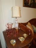 Antique Drop Side Table,Depression Glassware,Antique Porcelain Lamp,Framed miniature Paintings