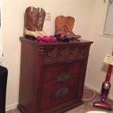Spanish influence, mid-century chest of drawers, 2 pairs of men's size 10.5W boots.