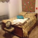 Vintage Cherry wood double bed, vintage fan and vintage vinyl vanity stool, twin comforter