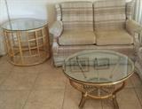 Ethan Allen love seat, bamboo end table and rattan coffee table