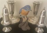 Sterling salt & pepper shakers, sterling weighted candlesticks, Boehm bluebird #40256.