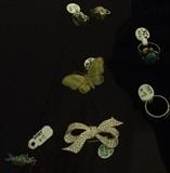 Sterling fish charm, Norwegian enamel butterfly pin, Nina Ricci rhinestone bow brooch, sterling rings and earrings