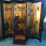 Black lacquer Asian 6 panel folding screen.  Painted with gold leaf.