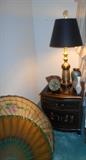 Asian style end table chest.  Table lamp with Asian flair and misc. décor.