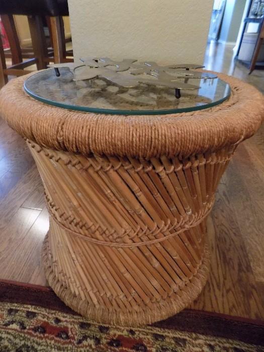 vintage rattan stool/accent table with removable glass
