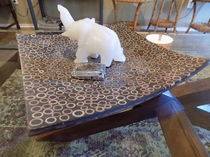   onyx elephant and wooden tray                  