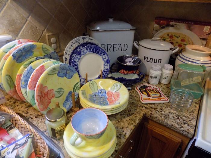 floral dinnerware, antique flow blue plates, enamelware, and more
