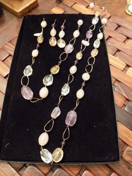 Sterling amethyst, citrine, quartz necklaces and matching earrings