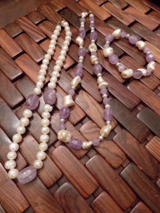 Pearl and amethyst necklaces and matching bracelet