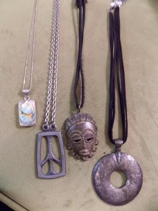 sterling Abalone necklace, pewter peace sign, brass mask, metal disc necklaces