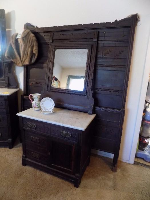 Early 1900's marble top washstand, double bed and dresser...vintage mink stole