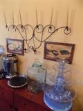 champagne fountain, coffee urn, drink canister, wrought iron wall candleabra...rooster art