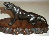SIGNED BRONZE WILD CAT ON BURL WOOD