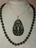VINTAGE CARVED JADE PENDANT AND DARK GREEN JADE BEAD NECKLACE