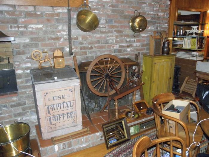 antique coffee bin and flax wheel