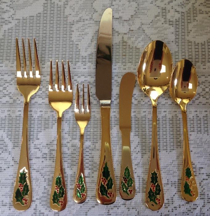 Christmas Gold Plated Flatware, Service for 12