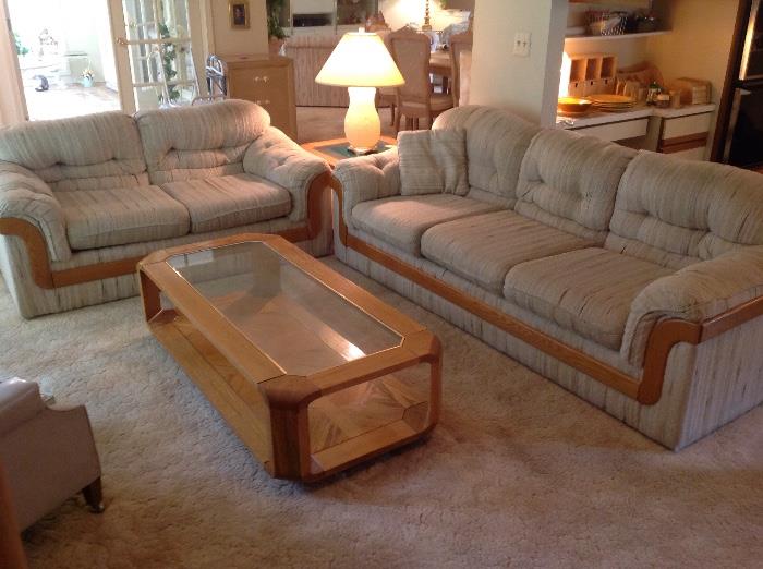 Sofa, Loveseat, both with Oak Trim, Oak Cocktail Table and Side Table