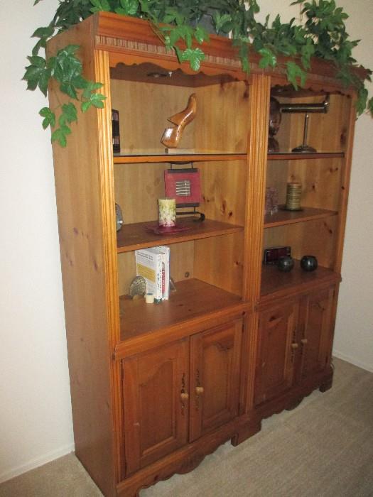 This pair of bookshelves are also curio cabinets.  Overhead lighting and first shelf is glass