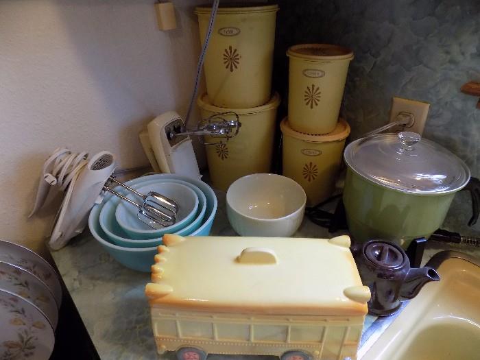 Tupperware, Pryex, bus cookie jar, mixers, and more