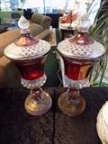 pair red glass urns
